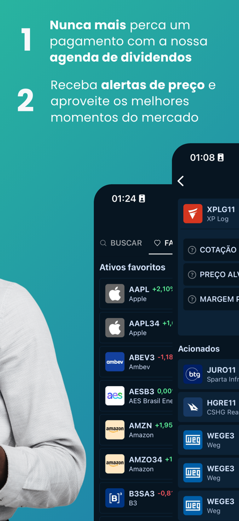 Interfaz de la aplicación de análisis de acciones que muestra la lista de activos favoritos y las funciones del calendario de dividendos en portugués.