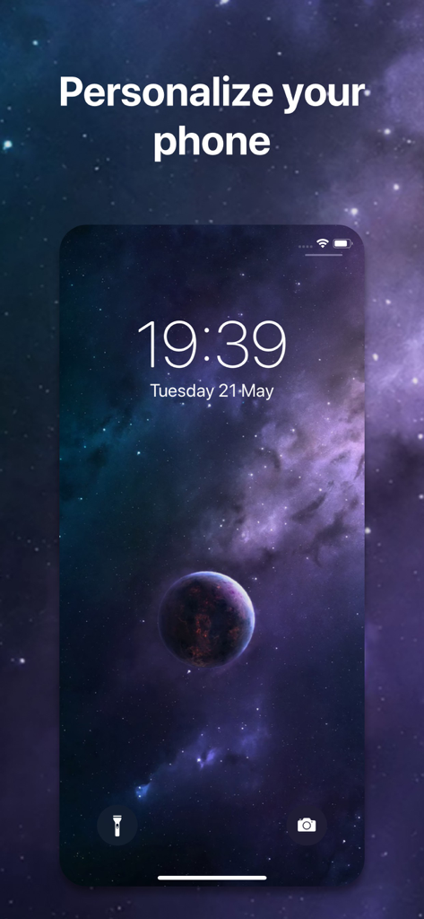 Live Wallpaper Maker: 4K Theme - iPhone lock screen displaying a high-quality space themed live wallpaper with a purple nebula and a planet.
