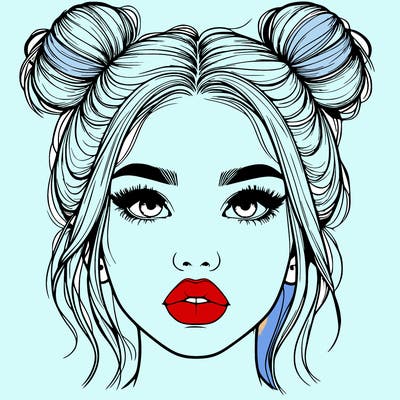 realistic girl with two buns on her hair and lips