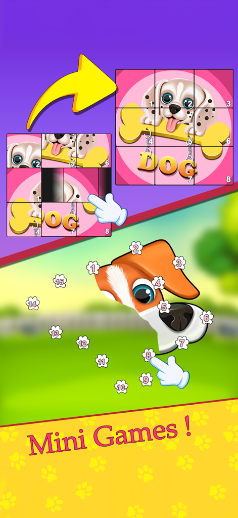 My Puppy Daycare Salon - Welpen-Pflegeheim-Minispiele, die ein Schieberätsel und eine 'Verbinde die Punkte'-Aktivität zeigen