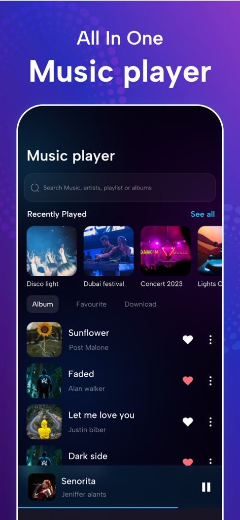 Offline Music Player · - El panel principal de la aplicación Reproductor de Música Offline mostrando varias canciones y álbumes reproducidos recientemente.