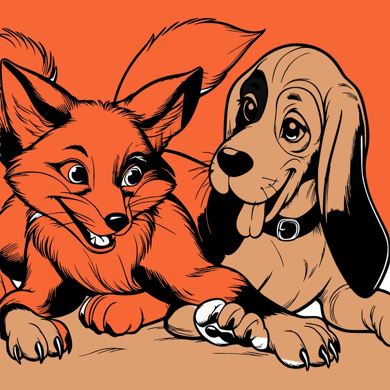 a fox and a hound dog playing together realistic