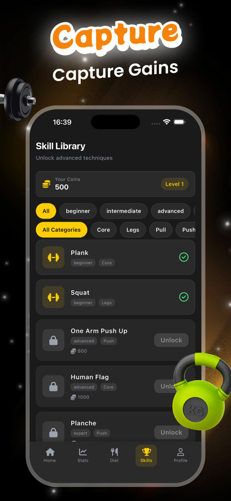 Dhok - Dhok app Skill Library interface showing exercise categories and the coin-based unlock system for advanced calisthenics techniques.