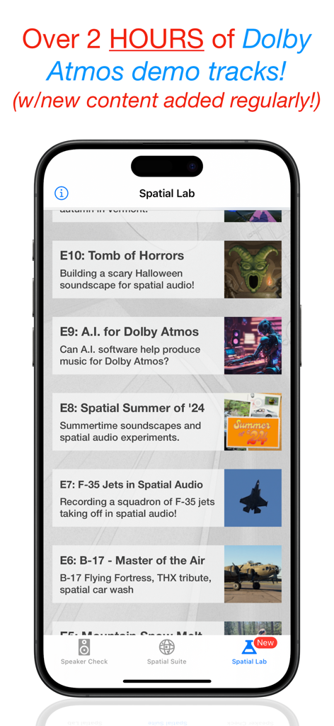 サラウンドスピーカーチェックアプリのインターフェイスが、空間ラボセクションに Dolby Atmos 空間オーディオデモトラックのリストを表示