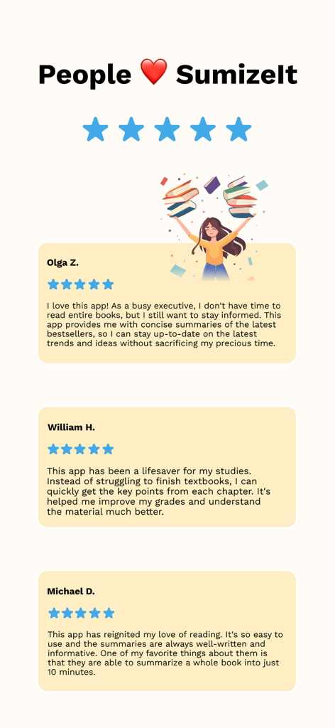 SumizeIt: Daily Book Summaries - Depoimentos de usuários e avaliações de cinco estrelas para o aplicativo SumizeIt