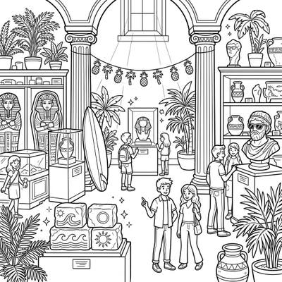 Dive into a unique blend of history and summer fun with this archaeology museum coloring page. Discover ancient artifacts alongside tropical plants, surfboards, and sunny vacation vibes, perfect for all ages.