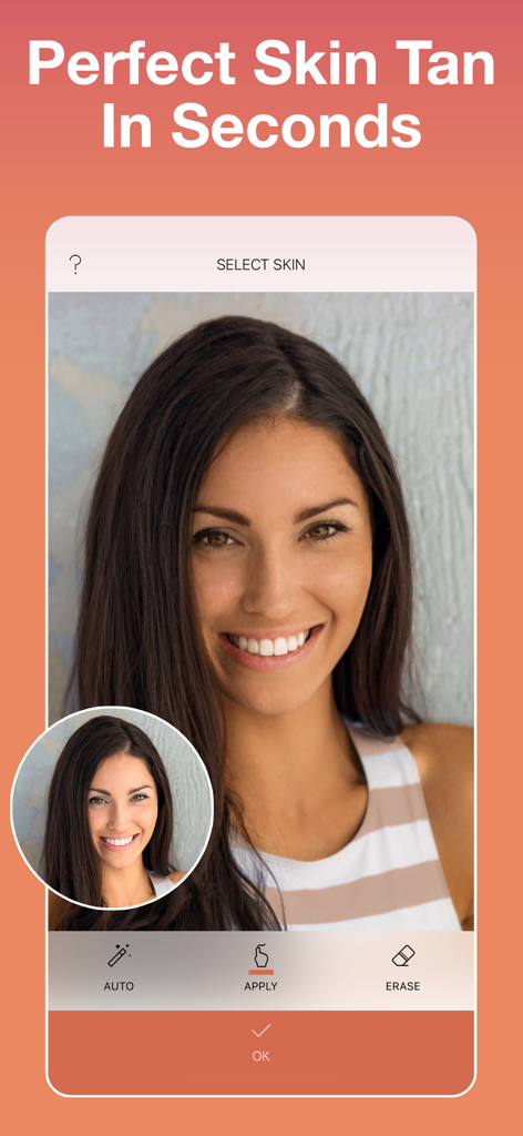 Skin Tanner: AI Photo Editor - Interfaz de la aplicación Bronceador de Piel que muestra un efecto de bronceado bañado por el sol en el retrato de una mujer