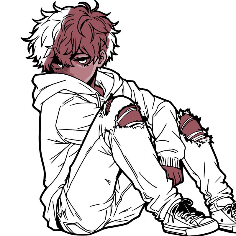 a male hoddie ripped jeans messy hair anime