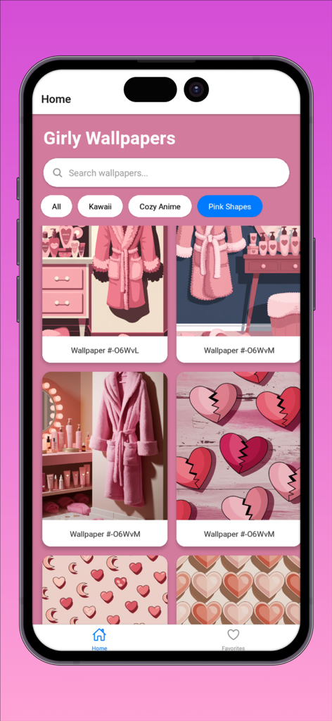 Girly Wallpapers: Pink & Cute - Interfaz de la aplicación Fondos de Pantalla Girly mostrando opciones de fondos de pantalla estéticos rosas y kawaii