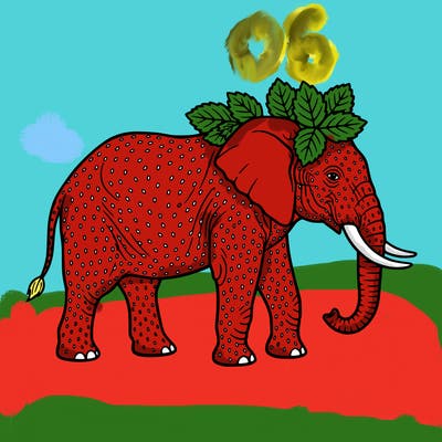 a elephant with strawberry seeds for skin strawberry leaves  on its head