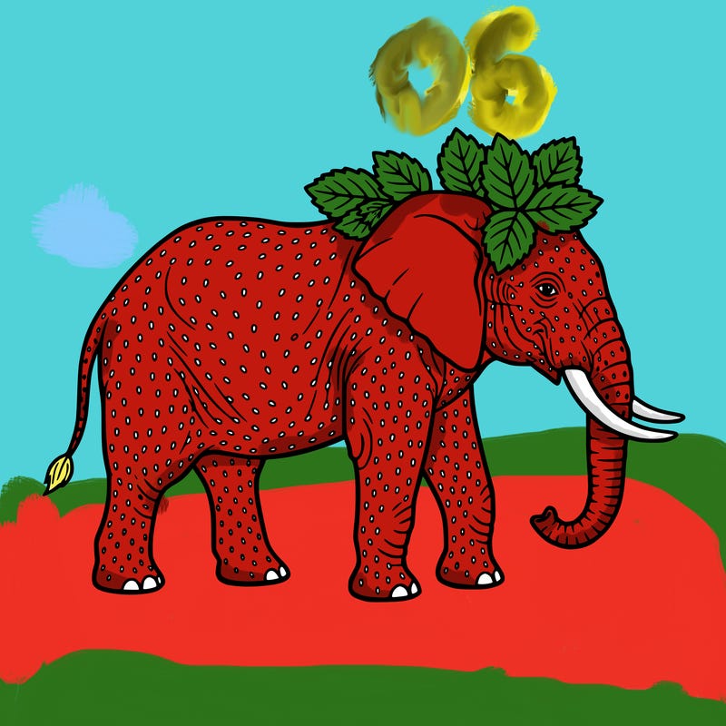 a elephant with strawberry seeds for skin strawberry leaves  on its head