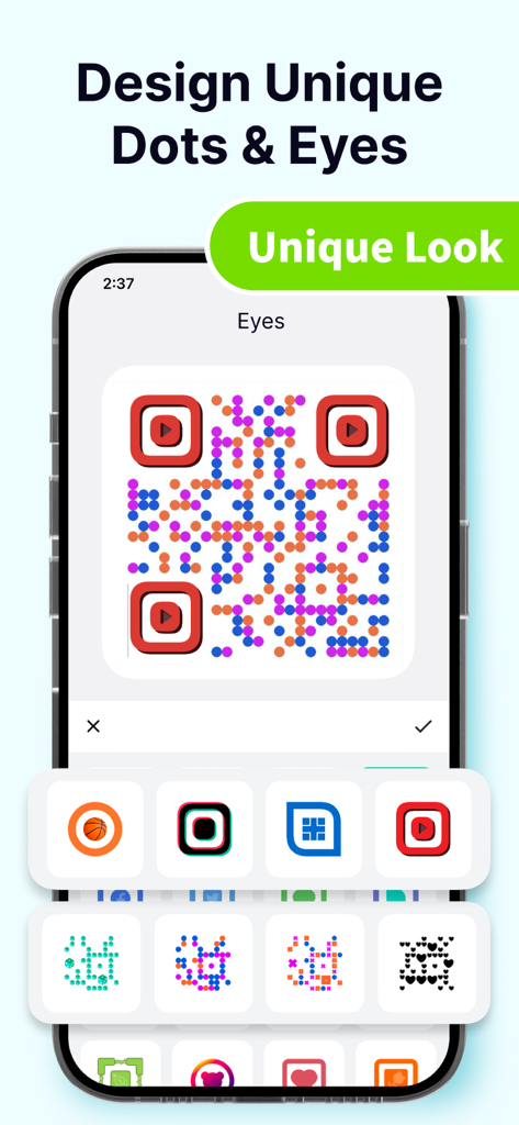 Mobile App-Oberfläche zur Anpassung von QR-Code-Augen und Punktmustern mit einzigartigen Designs