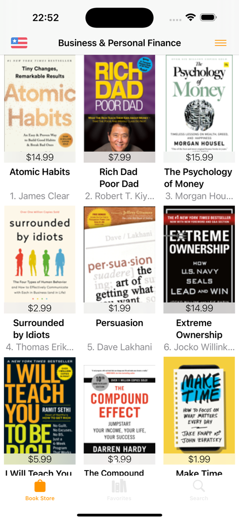 BestSellers for Book Store - Ein mobiler App-Bildschirm, der ein Raster von Top-Selling-Business- und Finanzbüchern mit ihren Preisen und Rankings anzeigt.