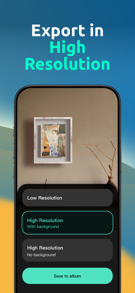 FrameX app screen showing high resolution export options for framed artwork in a realistic interior setting.