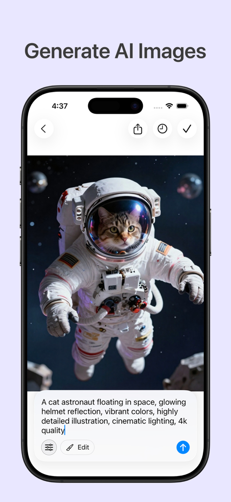 GenLive: AI Video & Live Photo - Interfaccia dell'app GenLive che mostra un prompt text-to-image che genera un gatto astronauta cinematografico nello spazio