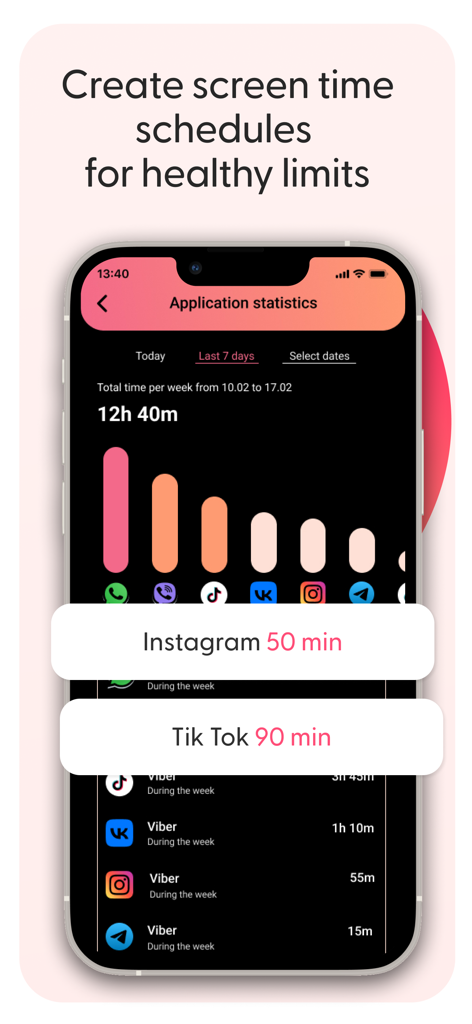 A smartphone screen from the Kid Security app showing daily usage statistics and time limits for apps like Instagram and TikTok