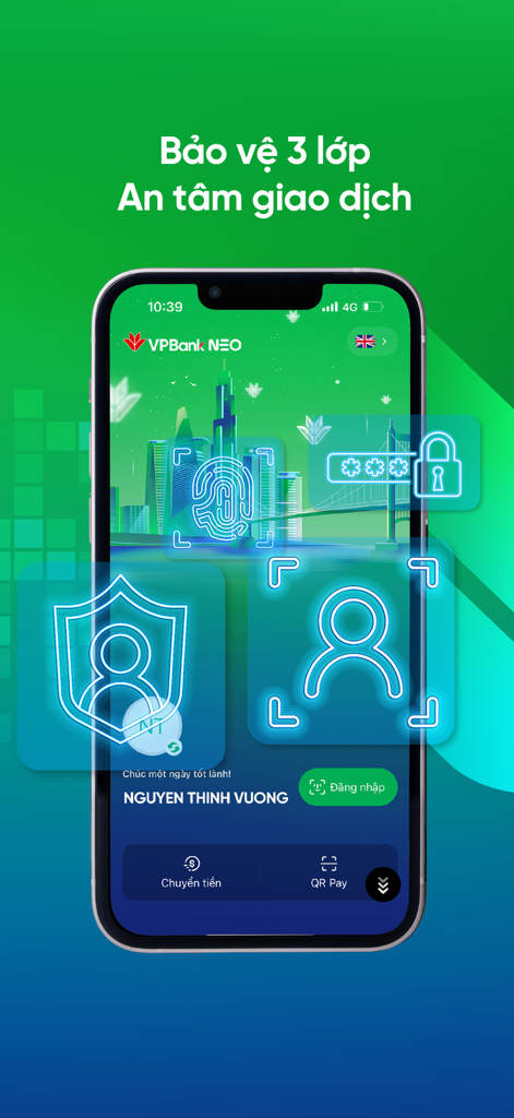 VPBank NEO app interface highlighting 3-layer security with biometric login and secure transaction icons