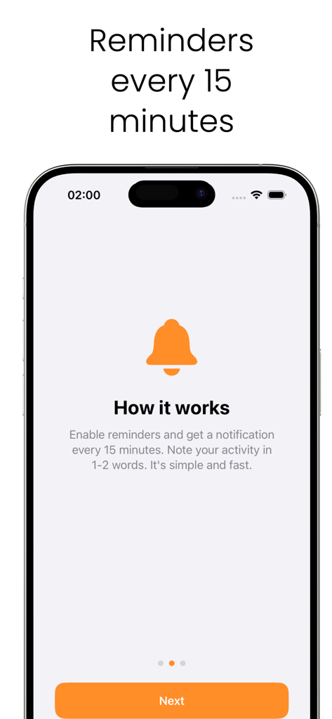 Écran d'intégration expliquant les rappels de suivi d'activité de 15 minutes avec une icône de cloche