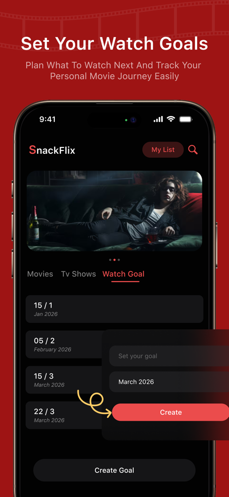 NetMirror : Find Movies & Show - NetMirror app interface for setting and tracking personal movie watch goals