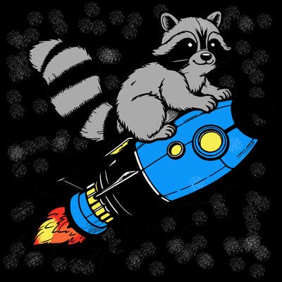 realistic raccoon flying on top rocket ship