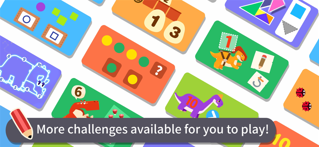 A collection of colorful educational game cards featuring numbers shapes and dinosaurs from the app