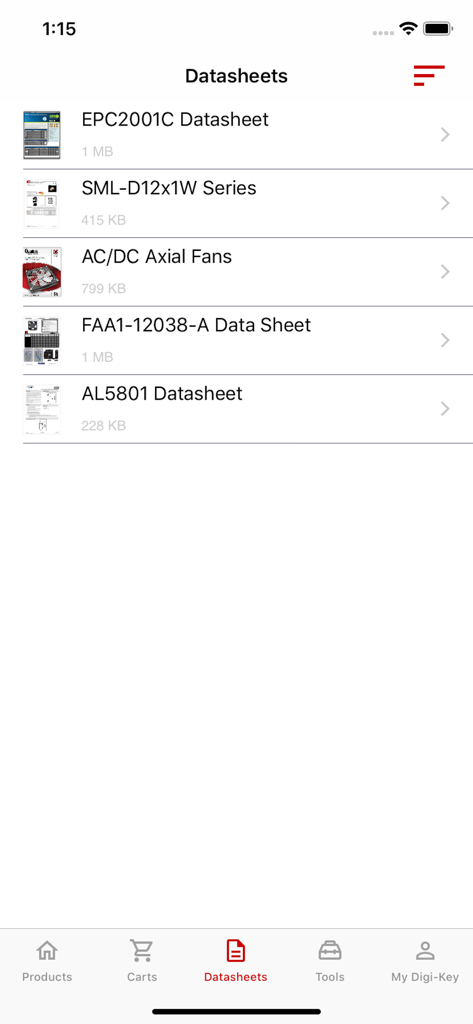 A list of saved electronic component datasheets within the DigiKey mobile app