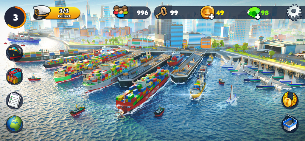 Port City: Ship Simulator - Un puerto concurrido con varios buques de carga y veleros en el juego Port City Ship Simulator