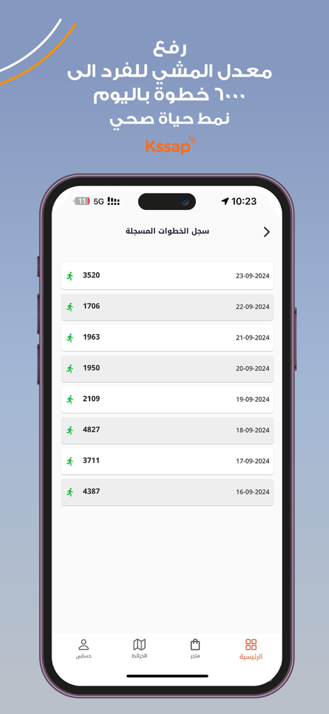 Kssap - Pantalla de la aplicación móvil Kssab que muestra un registro de los pasos diarios registrados con fechas