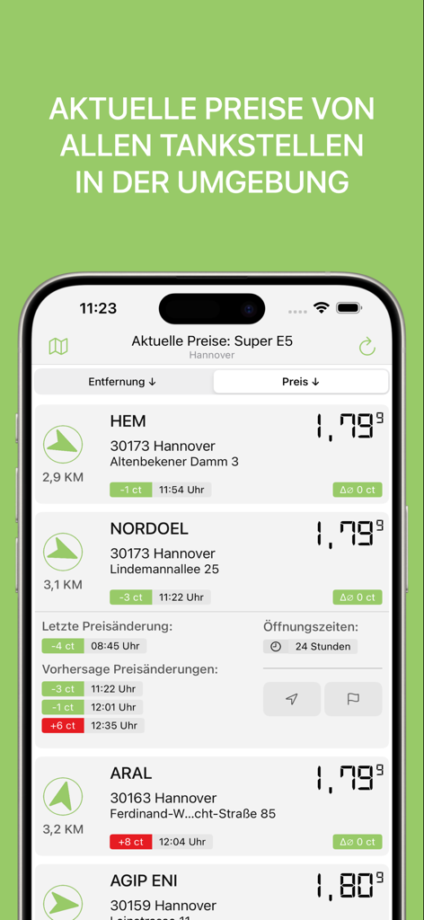 Interfaz de la aplicación móvil mostrando una lista de gasolineras en Hannover con los precios actuales del combustible y cambios de precios predictivos