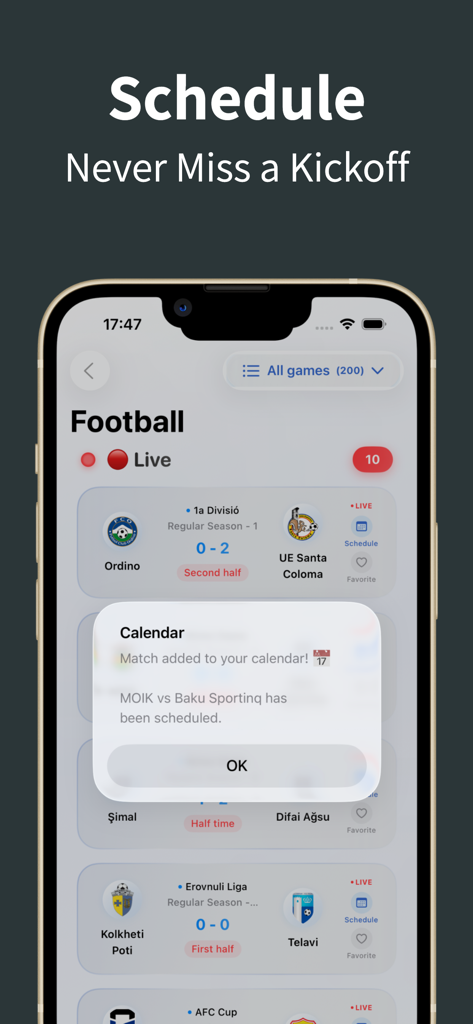 The Kuki - Football Live Score - The Kuki app screenshot showing a football match successfully added to the user calendar.