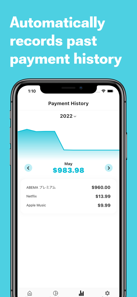 Subscription & Bill Manager - Una pantalla de smartphone que muestra el historial de pagos de la aplicación SubBill con un gráfico de gastos y una lista de suscripciones mensuales, incluyendo Netflix y Apple Music.