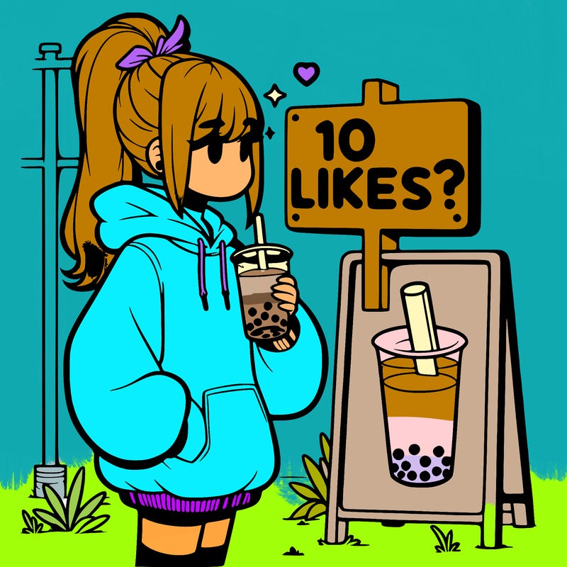 girl with oversized hoodie drinking boba and she has a high ponytail with a sign that says 10likes?