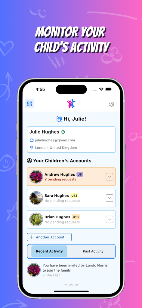 Young Creator - Das Eltern-Monitoring-Dashboard der Young Creator App mit Kinderkonten und Protokollen der letzten Aktivitäten
