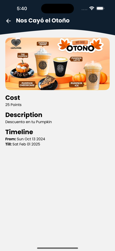 Cafilovers - Página de promoción de otoño de temporada en la aplicación Cafilovers que presenta café de calabaza y postres como recompensa por 25 puntos.