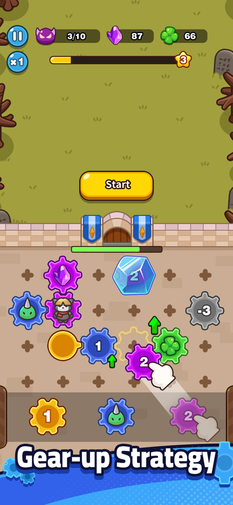 A mobile game screenshot of GearPaw Defenders showing colored gears being arranged in a tactical puzzle for combat strategy.