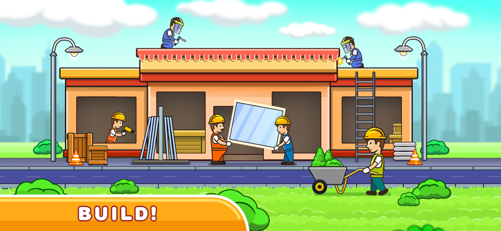 Cartoon construction workers building a supermarket in a kids educational app.