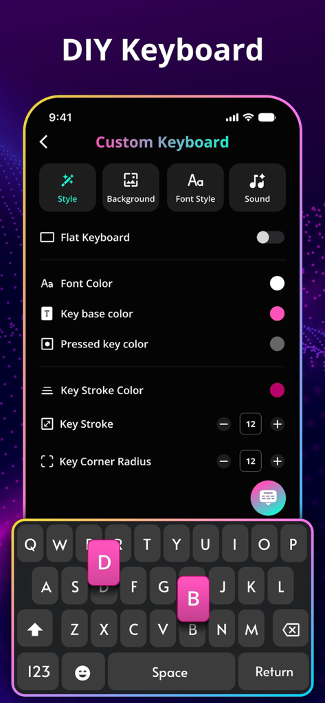 DIY customization screen for creating custom neon and RGB keyboard themes