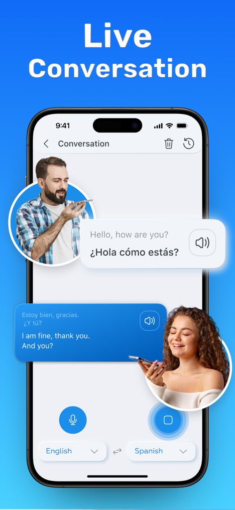 AI Translate app live conversation interface between English and Spanish speakers