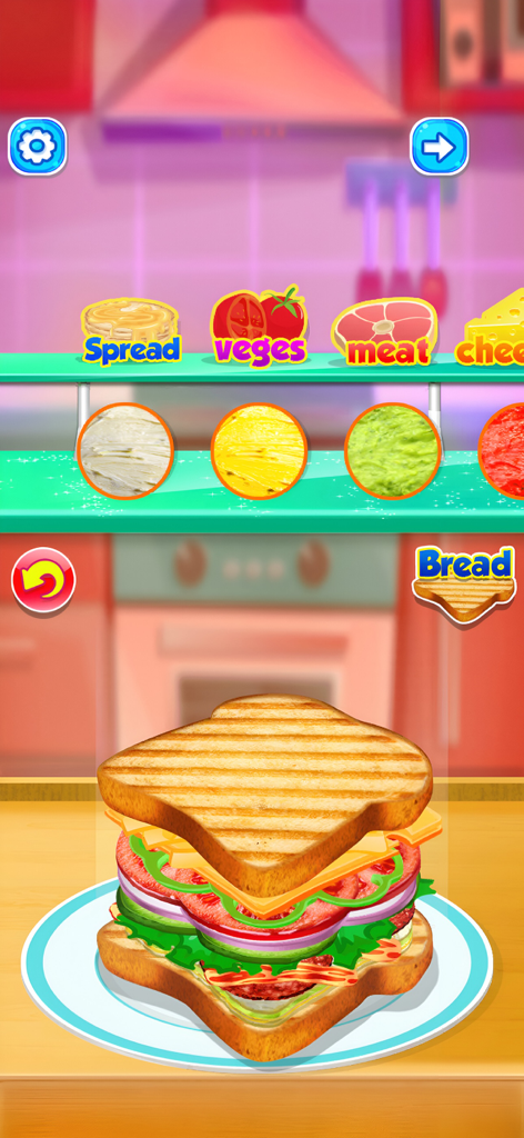 My LunchBox - Cooking Game - A colorful interface showing a child preparing a tall multilayered sandwich in the My LunchBox cooking game