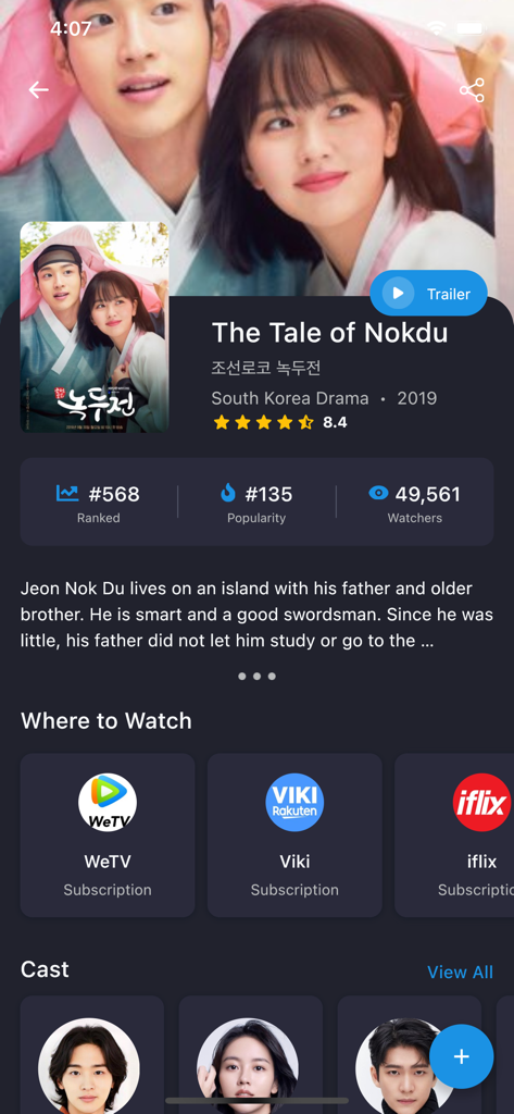 MyDramaList app detail page for The Tale of Nokdu drama showing ratings synopsis and streaming services like Viki