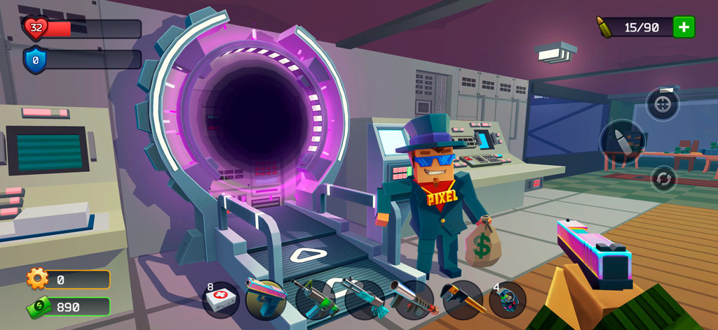 Pixel Combat: Zombie Games 3-D - First-person view of a glowing purple portal and a pixel character in a laboratory setting