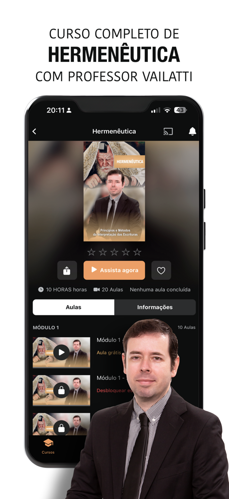 Academia de Pregadores - Pantalla móvil de la aplicación Academia de Pregadores que presenta el curso de hermenéutica bíblica del Profesor Vailatti