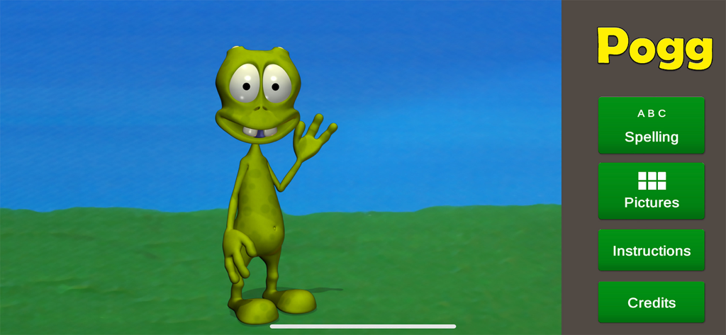 The main menu of the Pogg educational app for kids featuring a waving green alien and game mode options