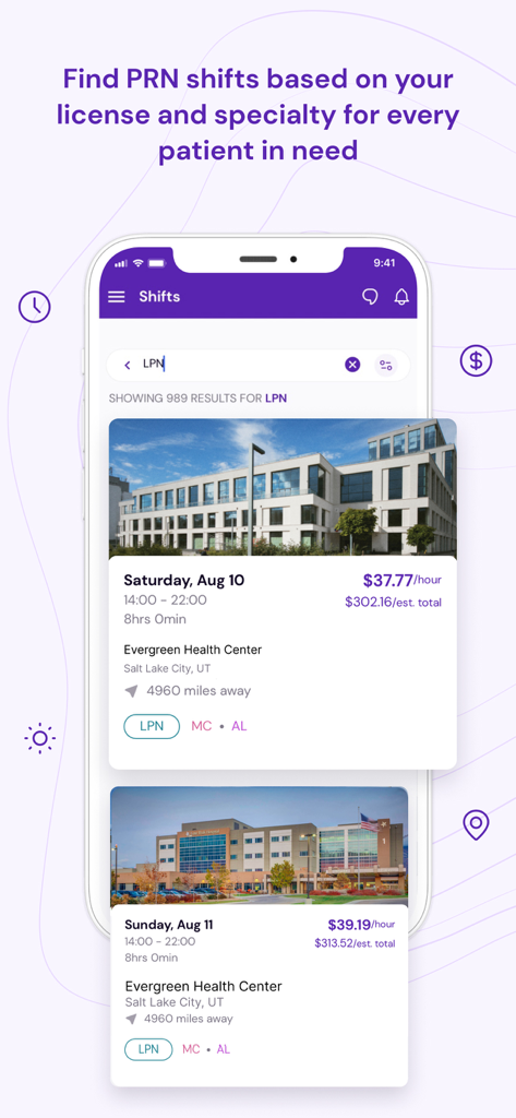 Nursa app interface showing a list of available LPN nursing shifts with hourly pay rates and facility locations in Salt Lake City