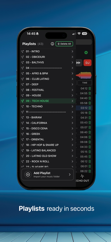A mobile screenshot of Mambo Player LITE showing a detailed list of music playlists for DJs