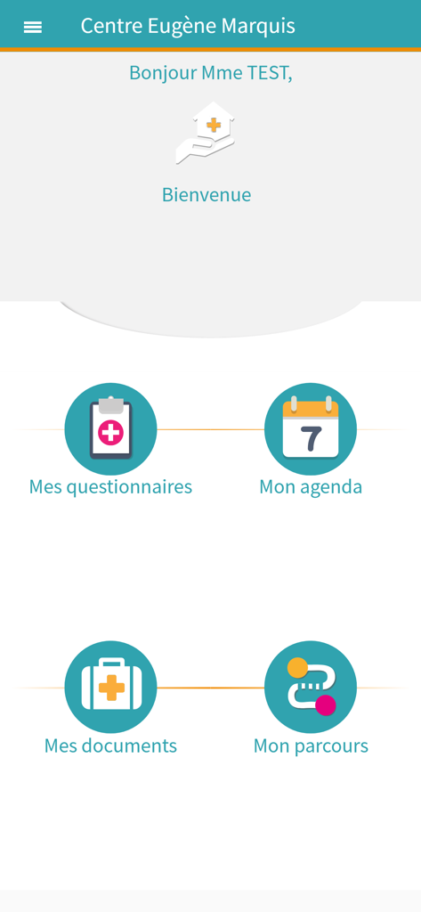 CEM@santé - CEM sante patient dashboard with icons for questionnaires agenda documents and medical journey