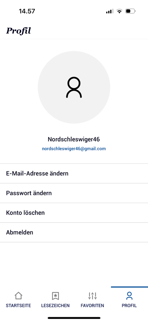 Página de perfil de usuario y configuración de cuenta en la aplicación de noticias Der Nordschleswiger que muestra opciones de gestión de correo electrónico y contraseña.