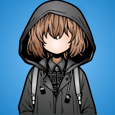 little anime girl in a raincoat her hair is covering her eyes she has a lighter