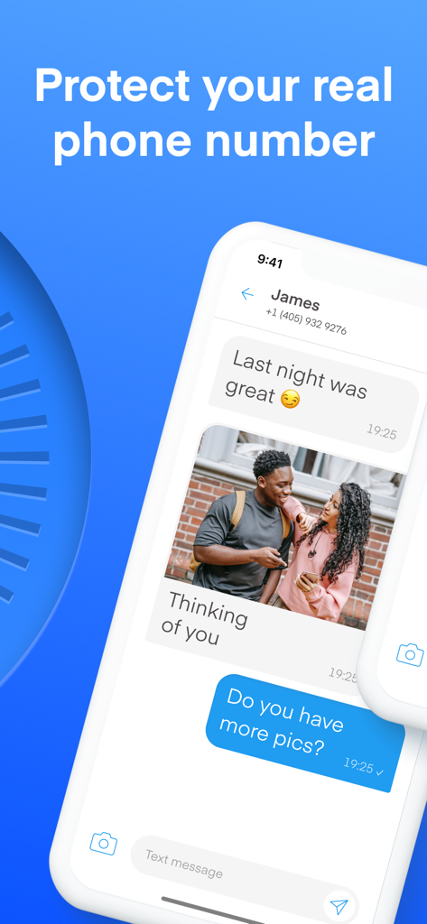 Text Vault - Texting App - Text Vault app interface showing a private conversation with a burner number to protect personal privacy