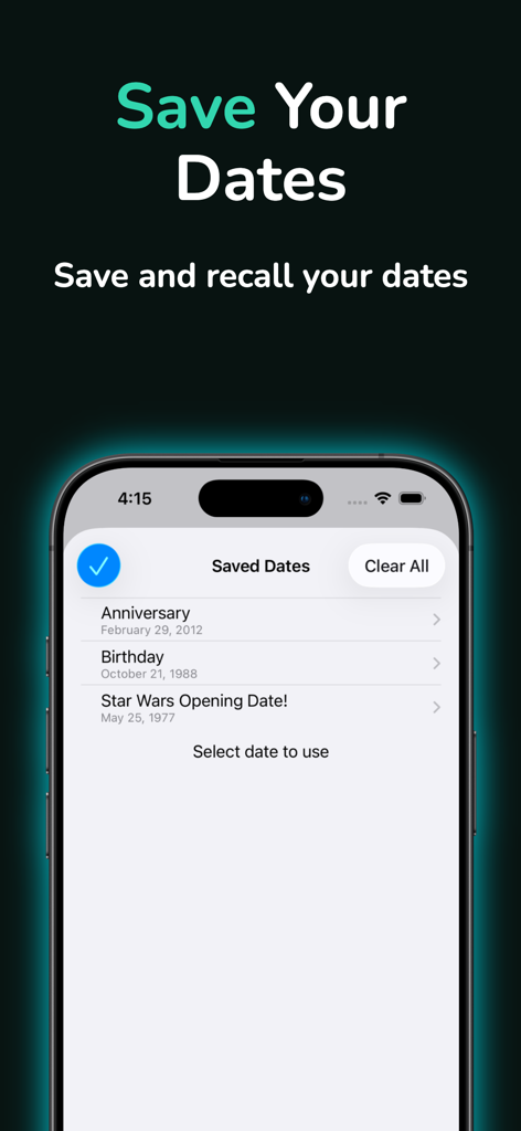 Between Dates Calendar Math - Interfaccia dell'app Between Dates che mostra un elenco di date salvate, tra cui Anniversario e Compleanno, per un rapido richiamo.